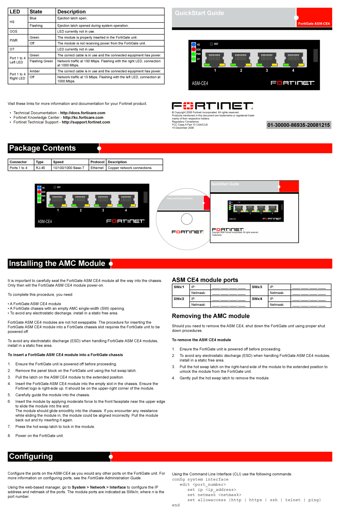 Fortinet ASM-CE4 quick start Package Contents, Installing the AMC Module, Configuring, QuickStart Guide, State 