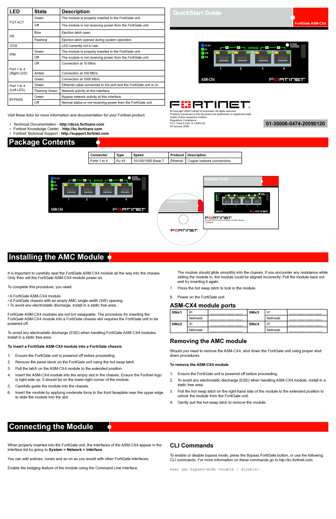 Fortinet ASM-CX4 quick start Package Contents, Installing the AMC Module, Connecting the Module 