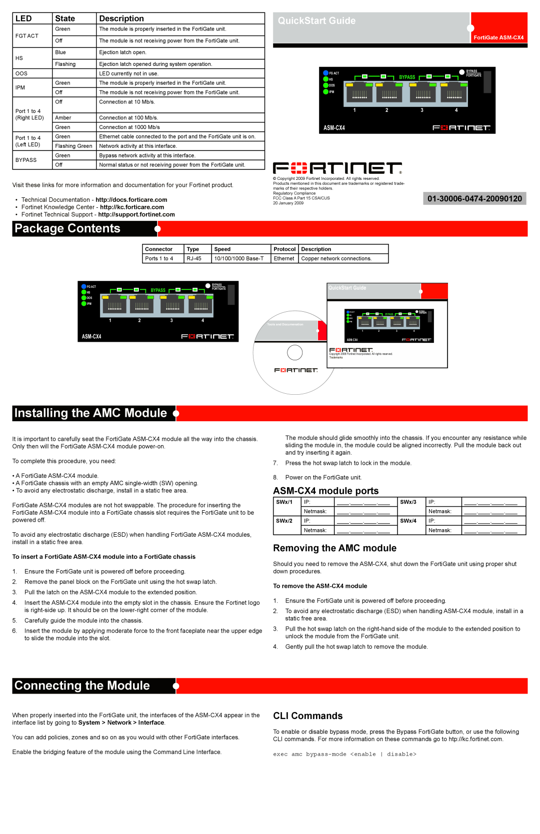 Fortinet ASM-CX4 quick start Package Contents, Installing the AMC Module, Connecting the Module, QuickStart Guide, State 
