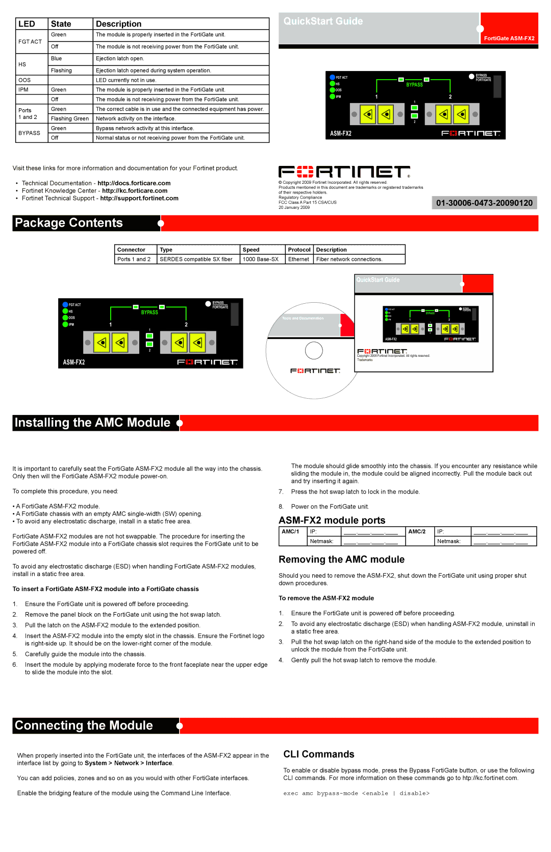 Fortinet ASM-FX2 quick start Package Contents, Installing the AMC Module, Connecting the Module 