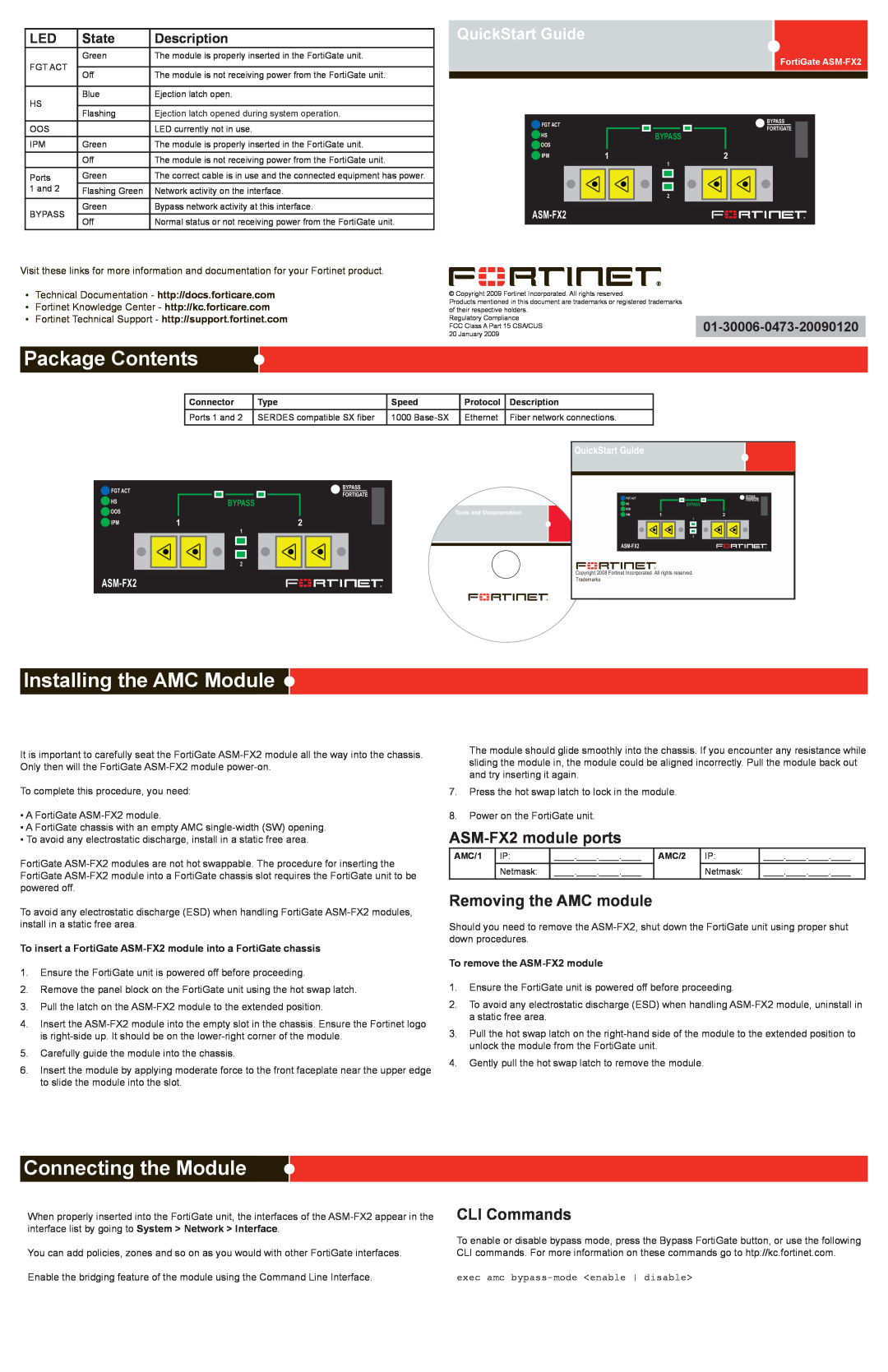 Fortinet ASM-FX2 quick start Package Contents, Installing the AMC Module, Connecting the Module, QuickStart Guide, State 