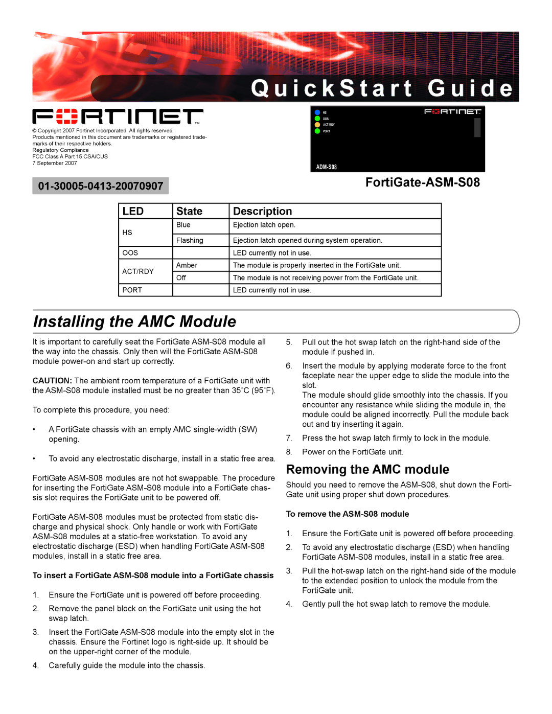 Fortinet manual Installing the AMC Module, Removing the AMC module, FortiGate-ASM-S08, Led 