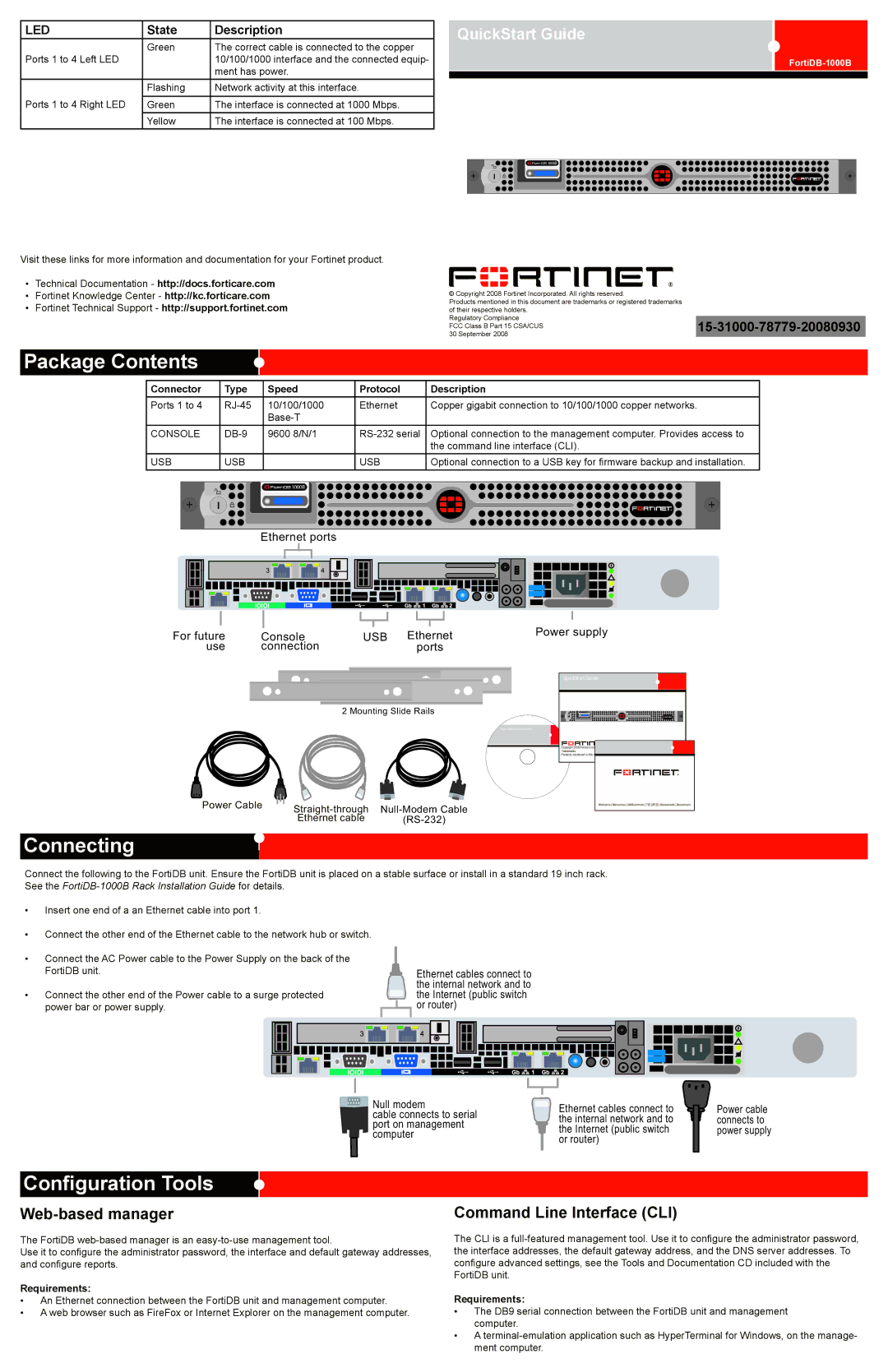 Fortinet FortiDB-1000B quick start Package Contents, Connecting, Configuration Tools 