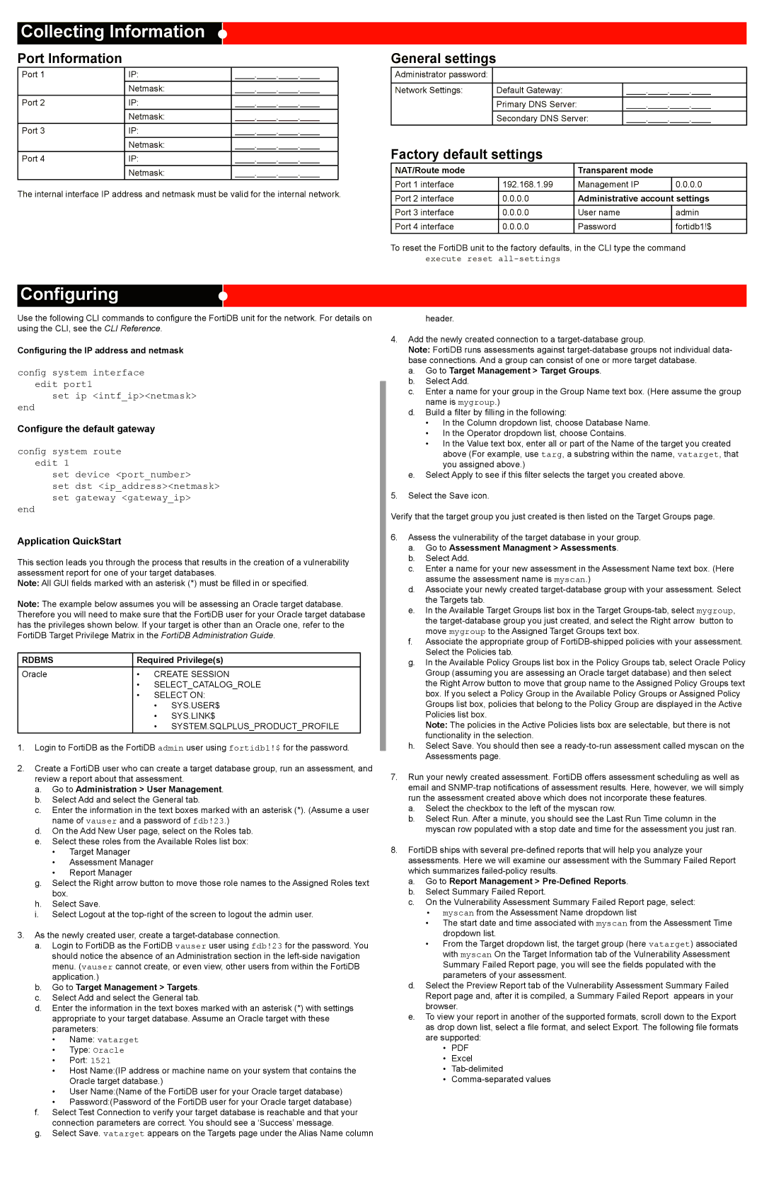 Fortinet FortiDB-1000B Collecting Information, Configuring, Port Information, General settings, Factory default settings 