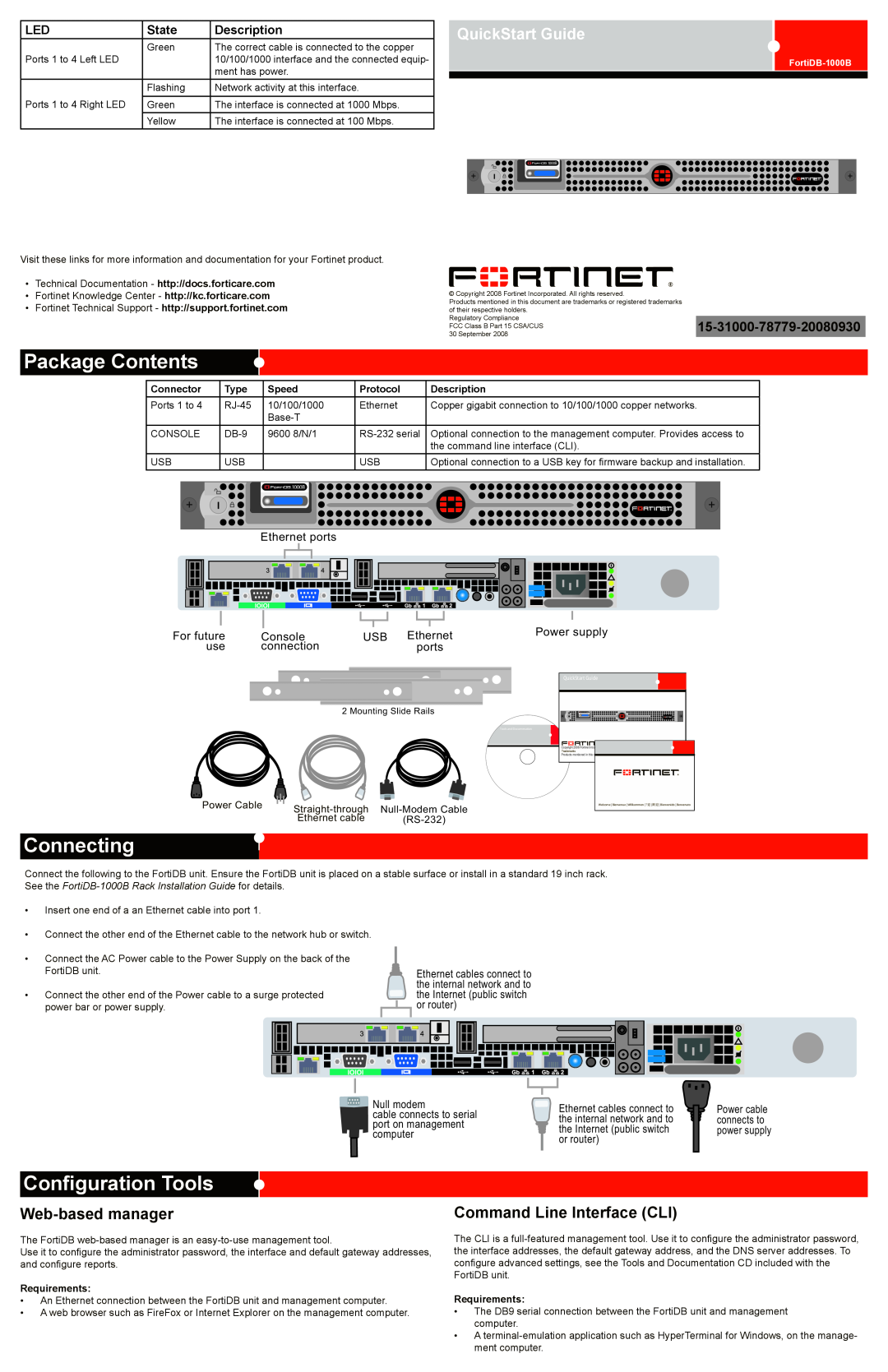 Fortinet FortiDB-1000B quick start Package Contents, Connecting, Configuration Tools, Web-based manager, Connector, Type 