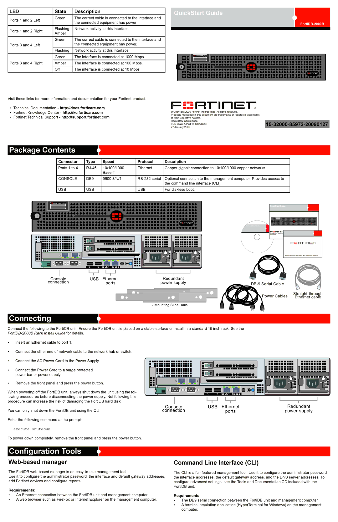 Fortinet FortiDB-2000B quick start Package Contents, Connecting, Configuration Tools 