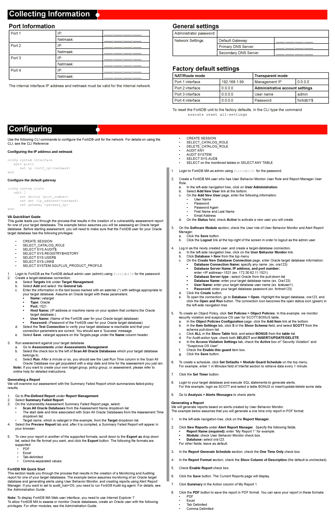 Fortinet FortiDB-2000B Collecting Information, Configuring, Port Information, General settings, Factory default settings 