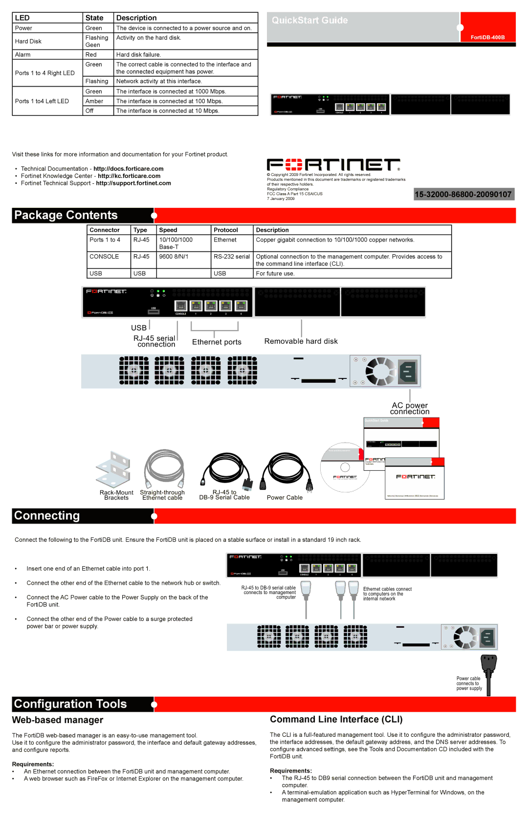 Fortinet FortiDB-400B quick start Package Contents, Connecting, Configuration Tools 