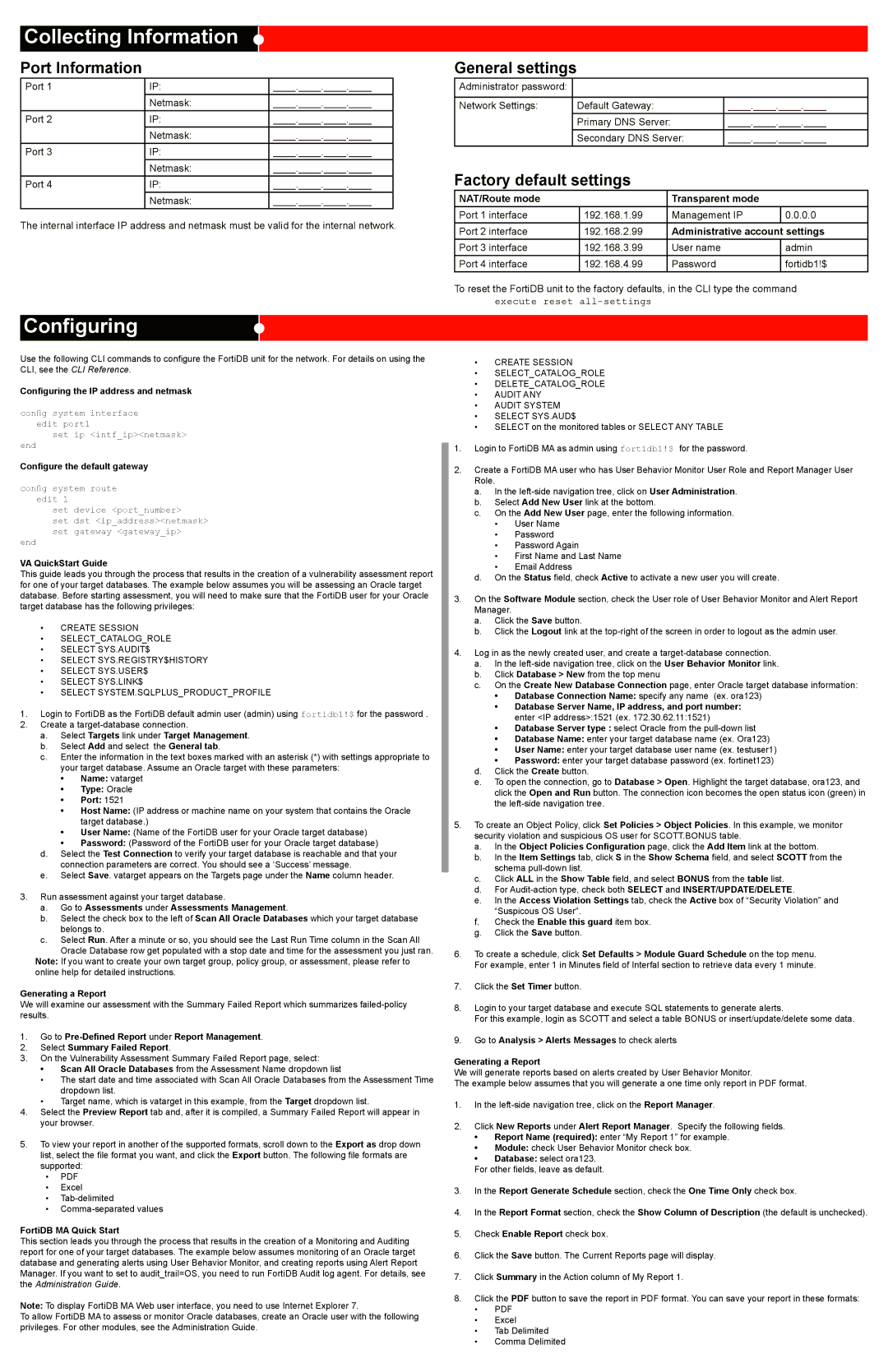 Fortinet FortiDB-400B Collecting Information, Configuring, Port Information, General settings, Factory default settings 