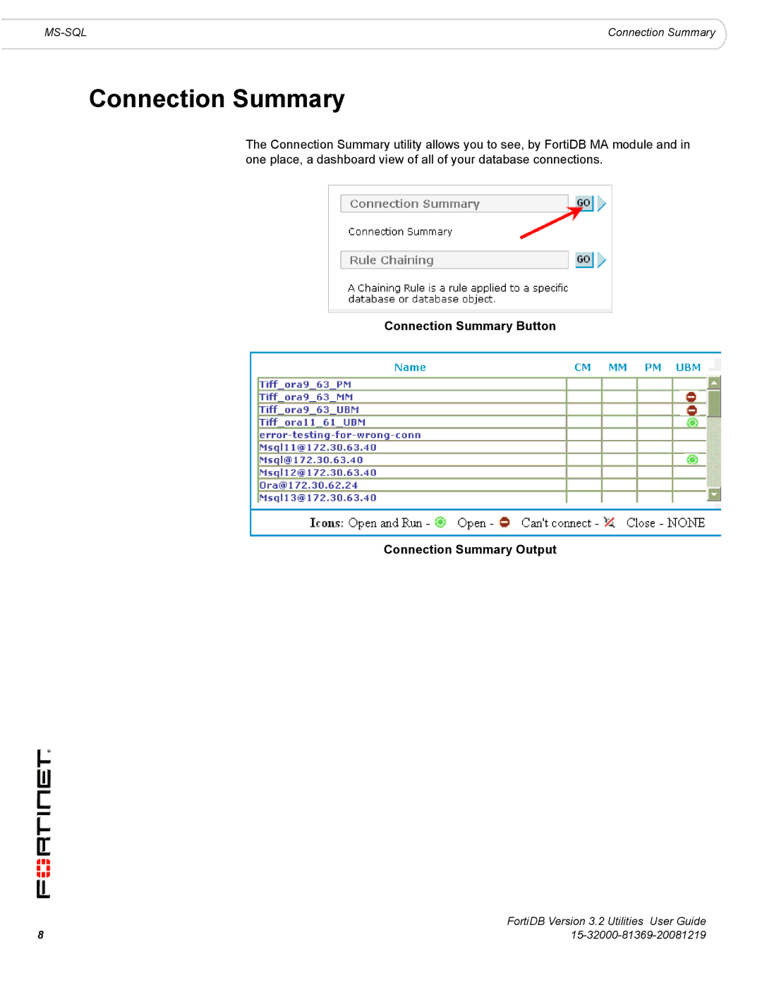 Fortinet FortiDB manual Connection Summary Button Connection Summary Output 