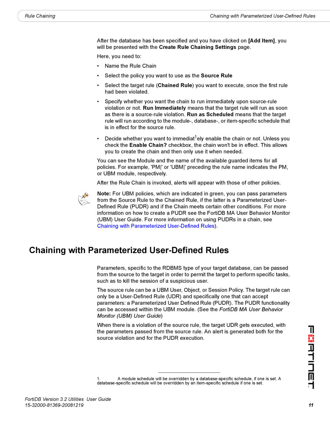 Fortinet FortiDB manual Chaining with Parameterized User-Defined Rules 