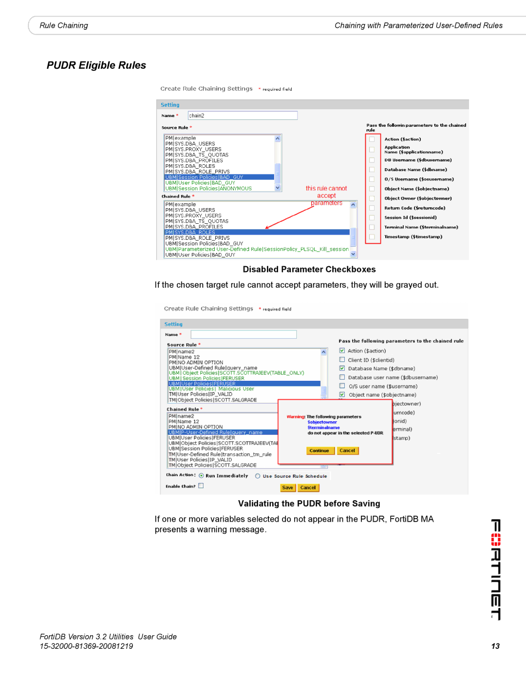 Fortinet FortiDB manual Disabled Parameter Checkboxes, Validating the Pudr before Saving 