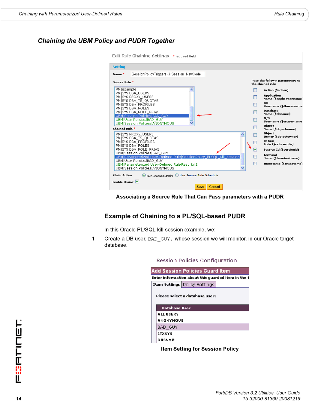 Fortinet FortiDB manual Example of Chaining to a PL/SQL-based Pudr, Item Setting for Session Policy 