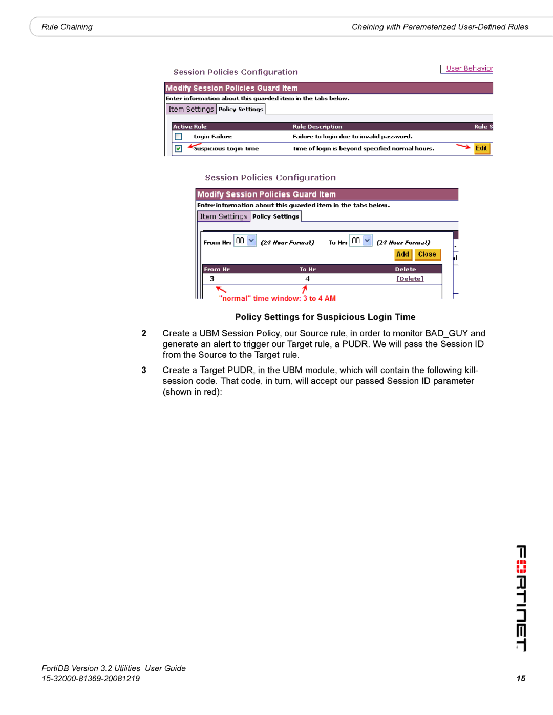 Fortinet FortiDB manual Policy Settings for Suspicious Login Time 