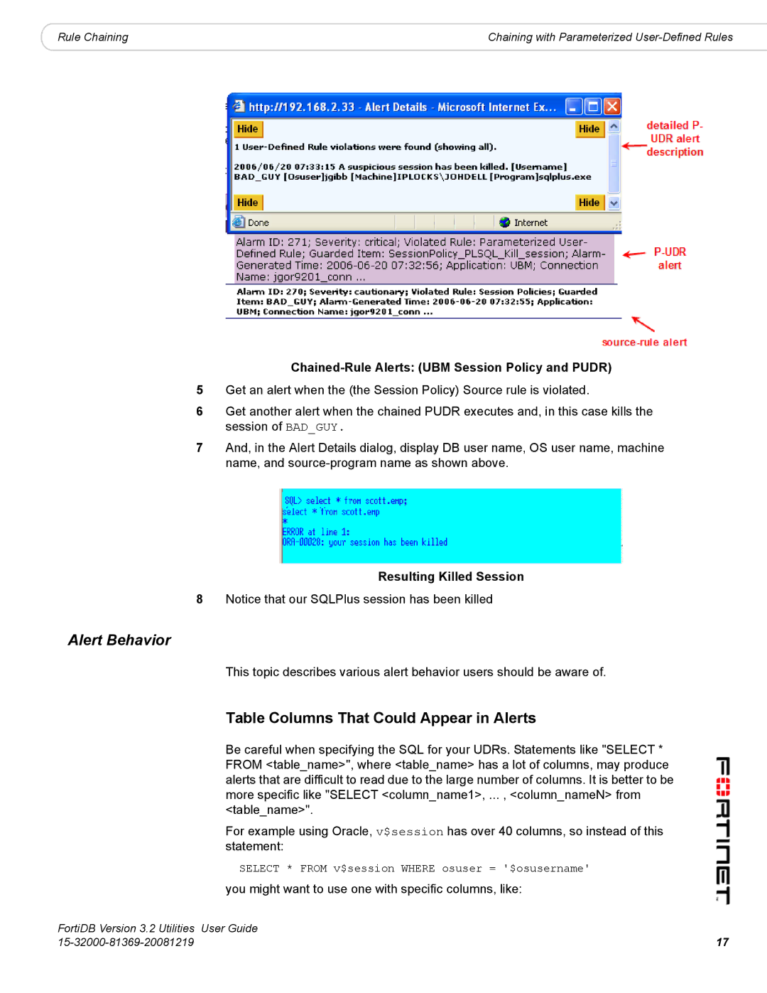 Fortinet FortiDB manual Table Columns That Could Appear in Alerts, Chained-Rule Alerts UBM Session Policy and Pudr 