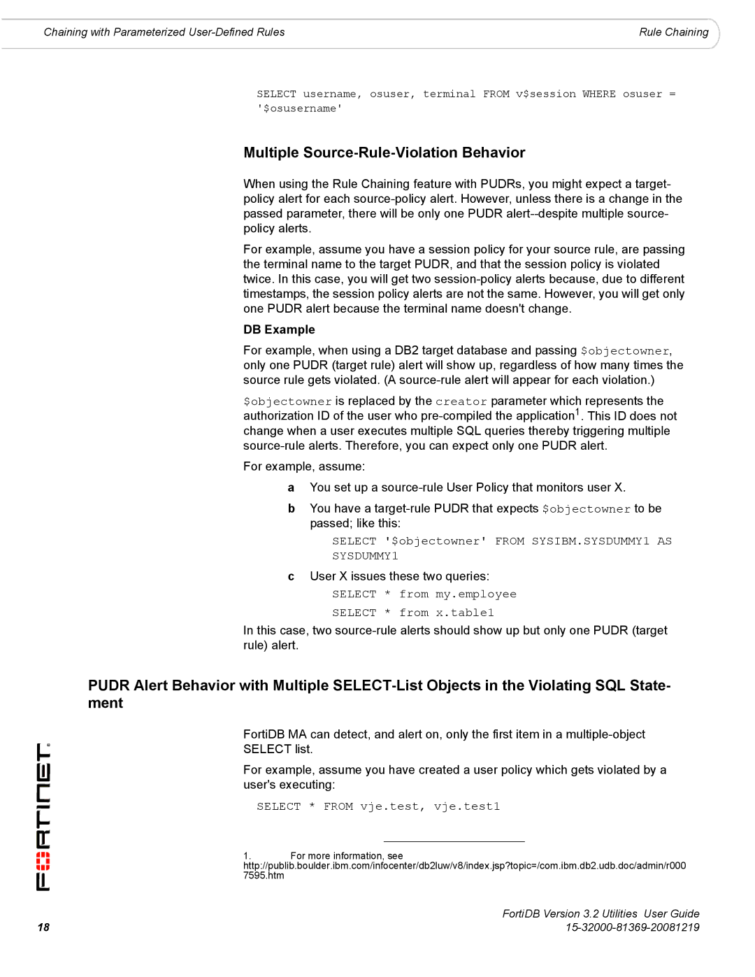 Fortinet FortiDB manual Multiple Source-Rule-Violation Behavior, DB Example 