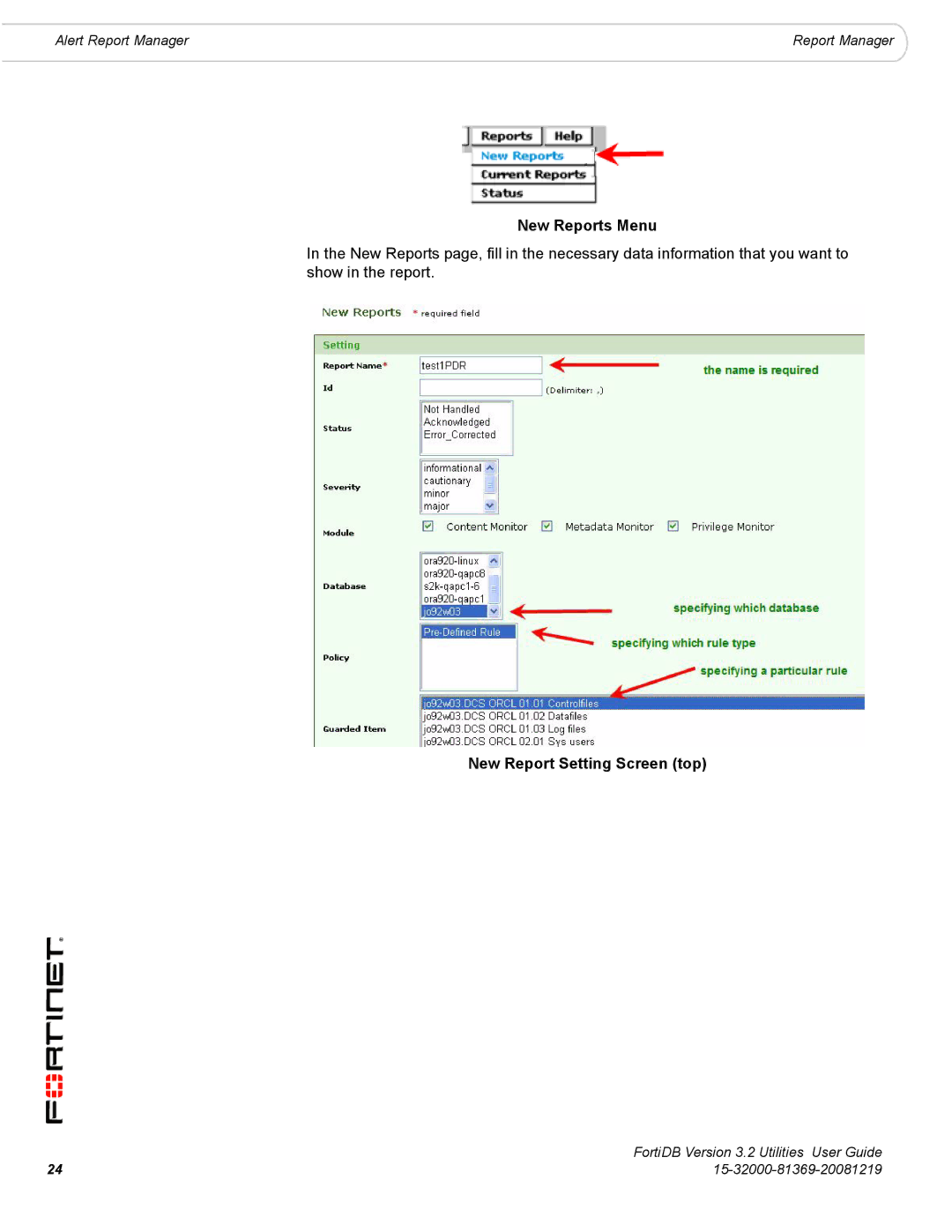 Fortinet FortiDB manual New Reports Menu, New Report Setting Screen top 