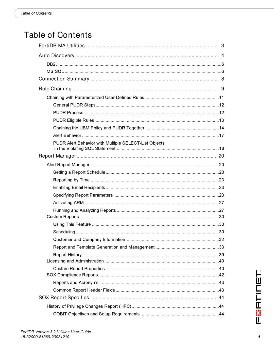 Fortinet FortiDB manual Table of Contents 