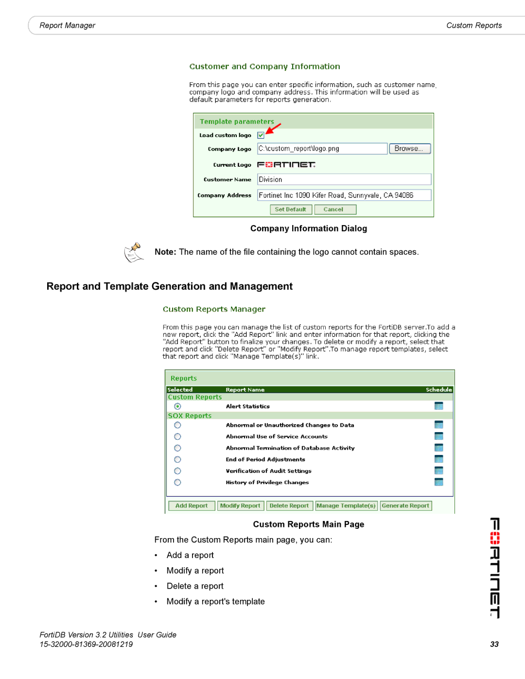 Fortinet FortiDB manual Report and Template Generation and Management, Company Information Dialog, Custom Reports Main 