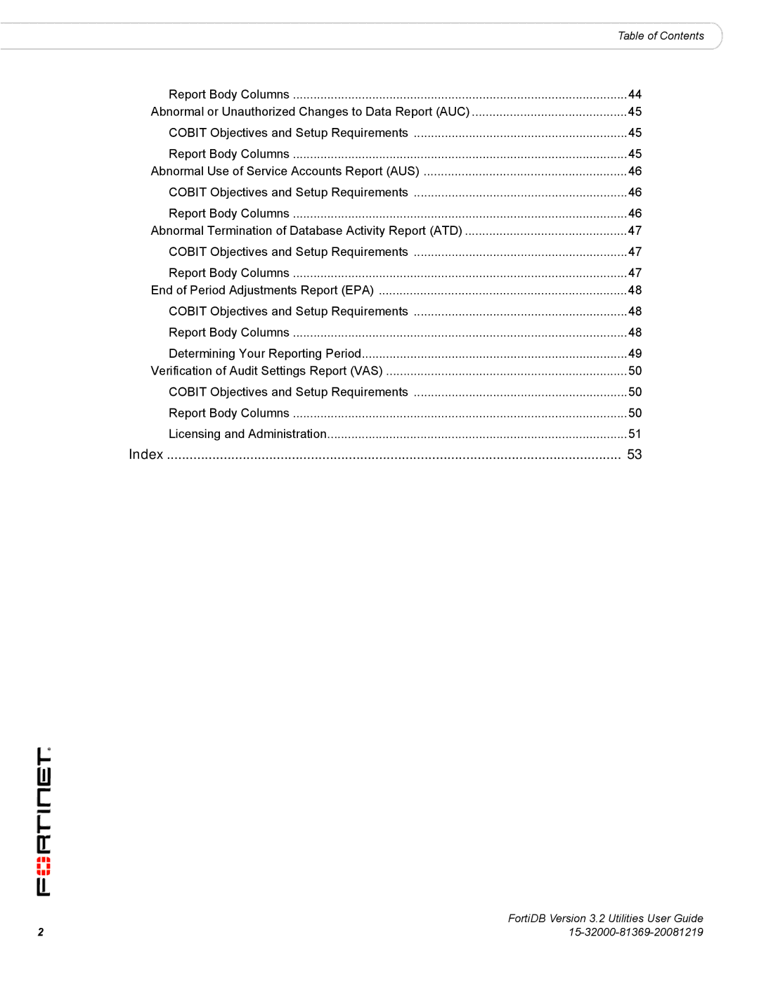 Fortinet FortiDB manual Index 