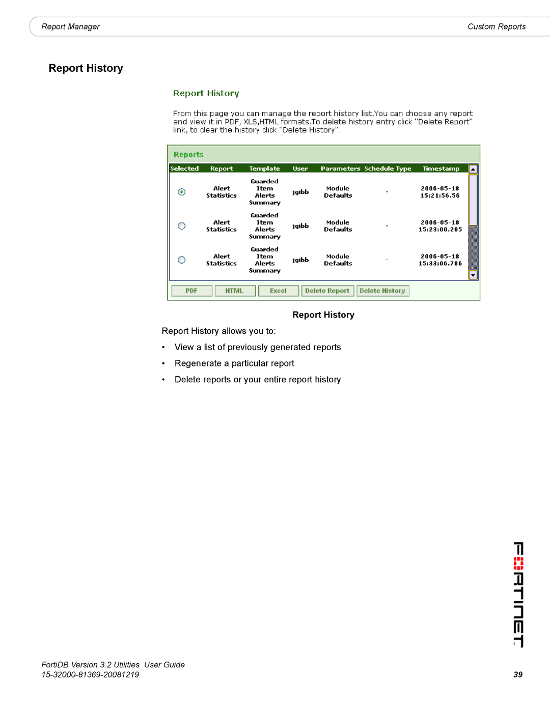 Fortinet FortiDB manual Report History 