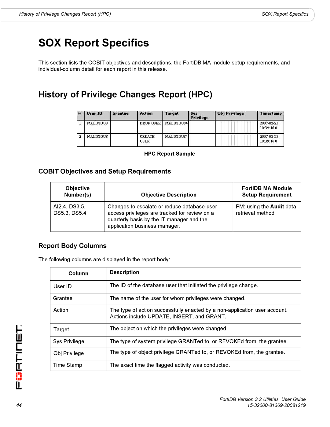 Fortinet FortiDB History of Privilege Changes Report HPC, Cobit Objectives and Setup Requirements, Report Body Columns 