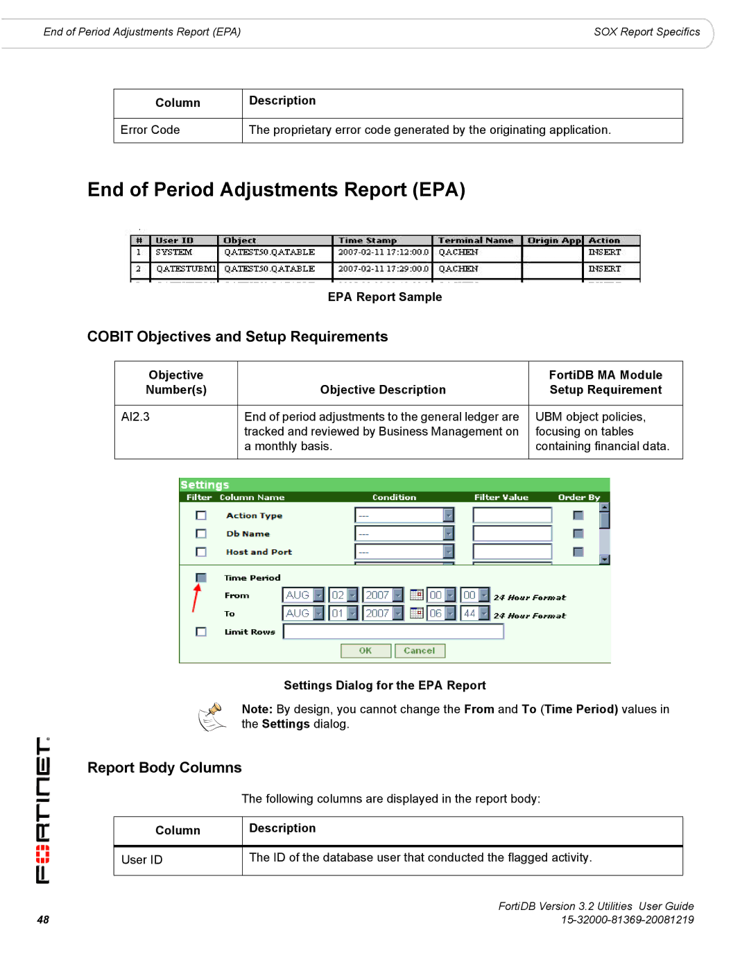 Fortinet FortiDB manual End of Period Adjustments Report EPA, EPA Report Sample, Settings Dialog for the EPA Report 