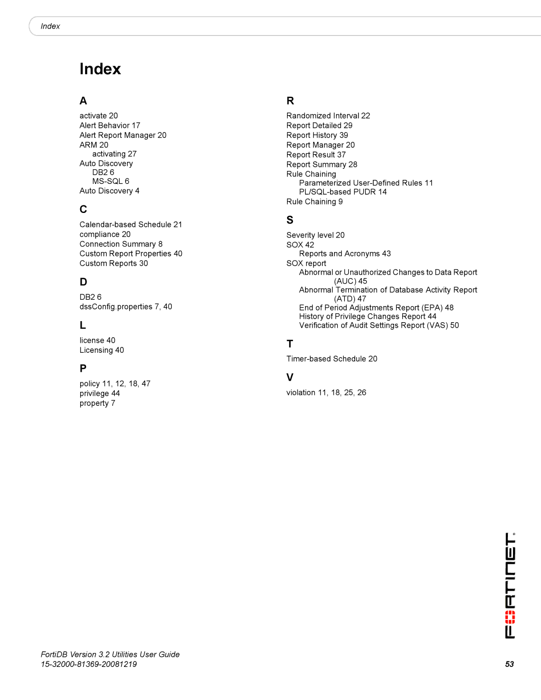 Fortinet FortiDB manual Index 