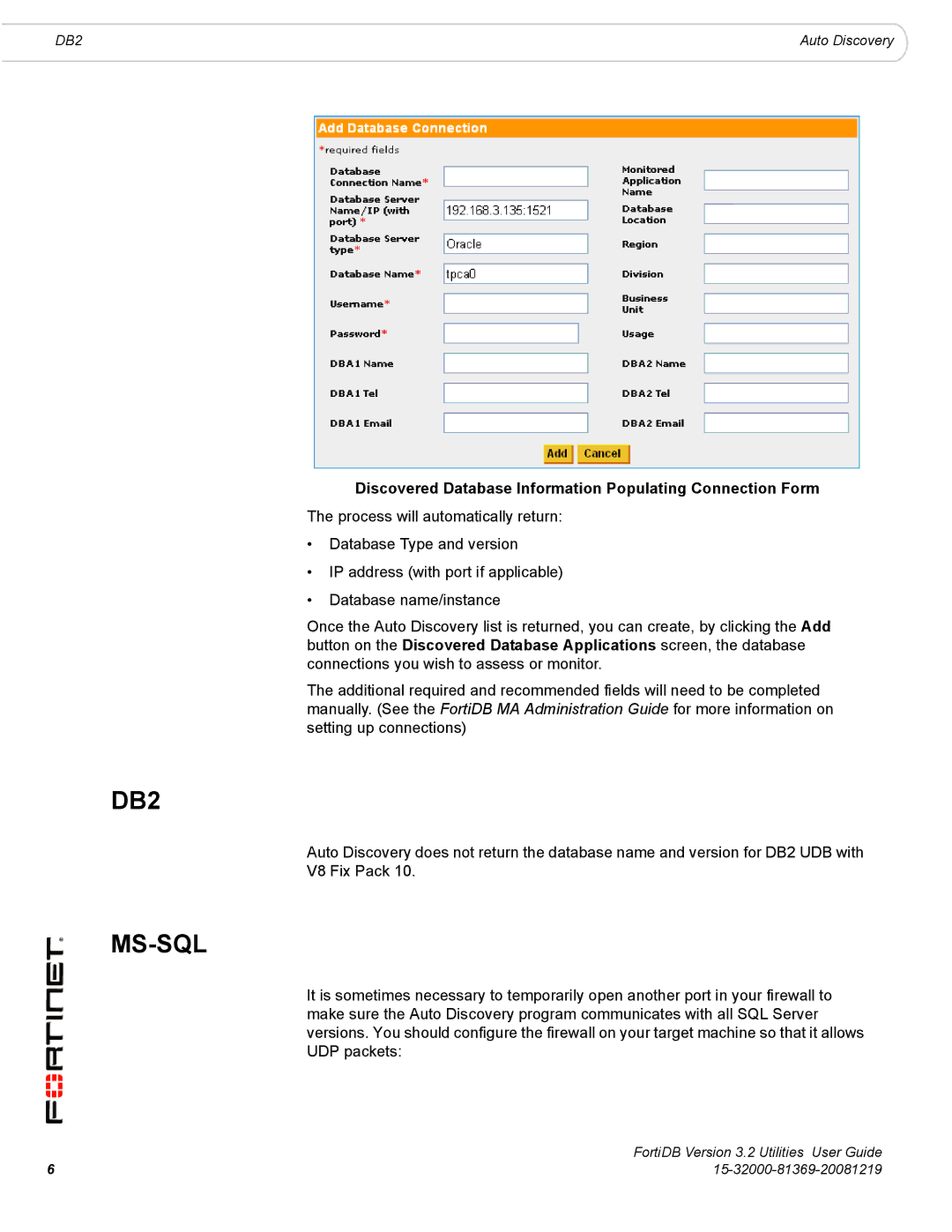 Fortinet FortiDB manual Ms-Sql, Discovered Database Information Populating Connection Form 