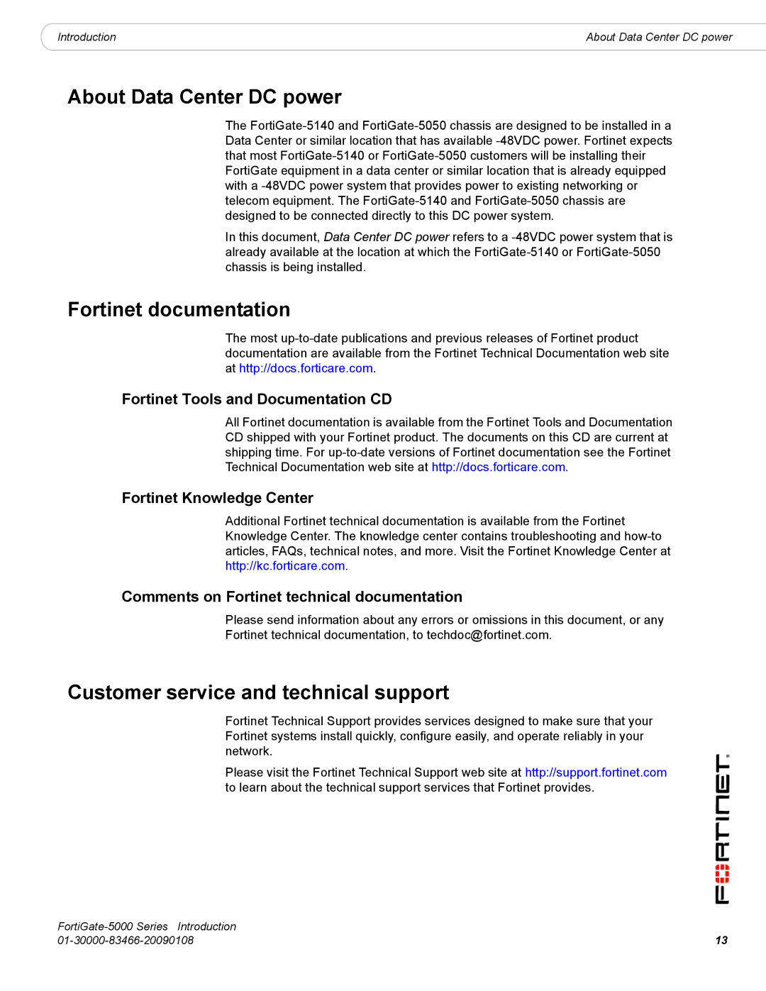 Fortinet FortiGate-5000 manual About Data Center DC power, Fortinet documentation, Customer service and technical support 