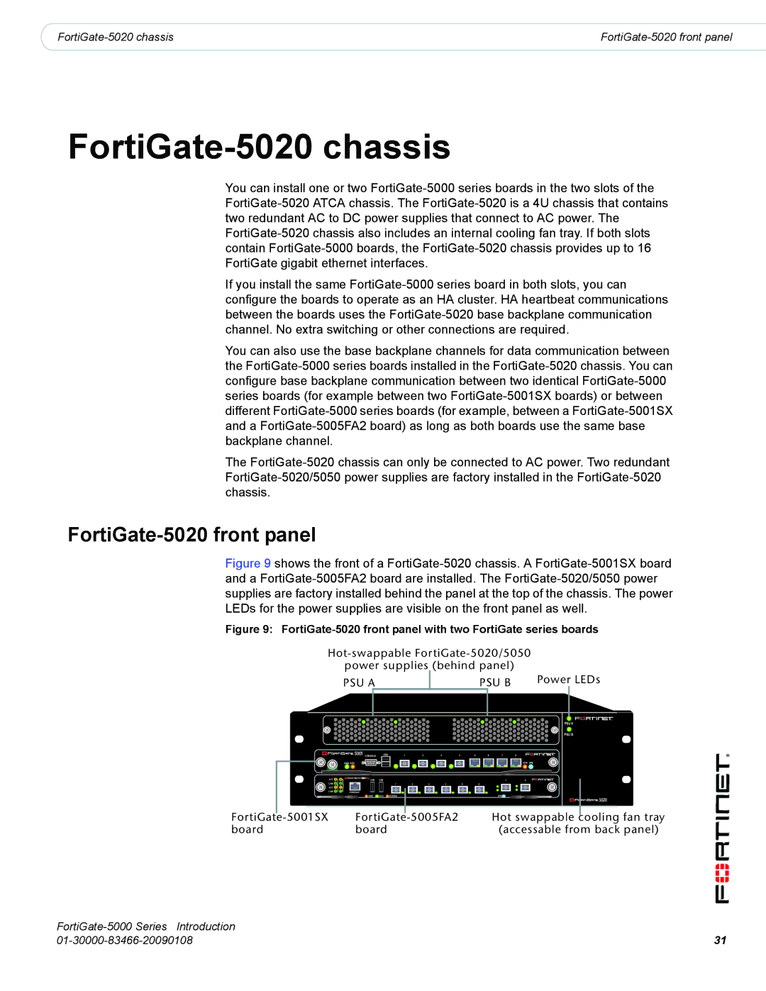 Fortinet FortiGate-5000 manual FortiGate-5020 chassis, FortiGate-5020 front panel 