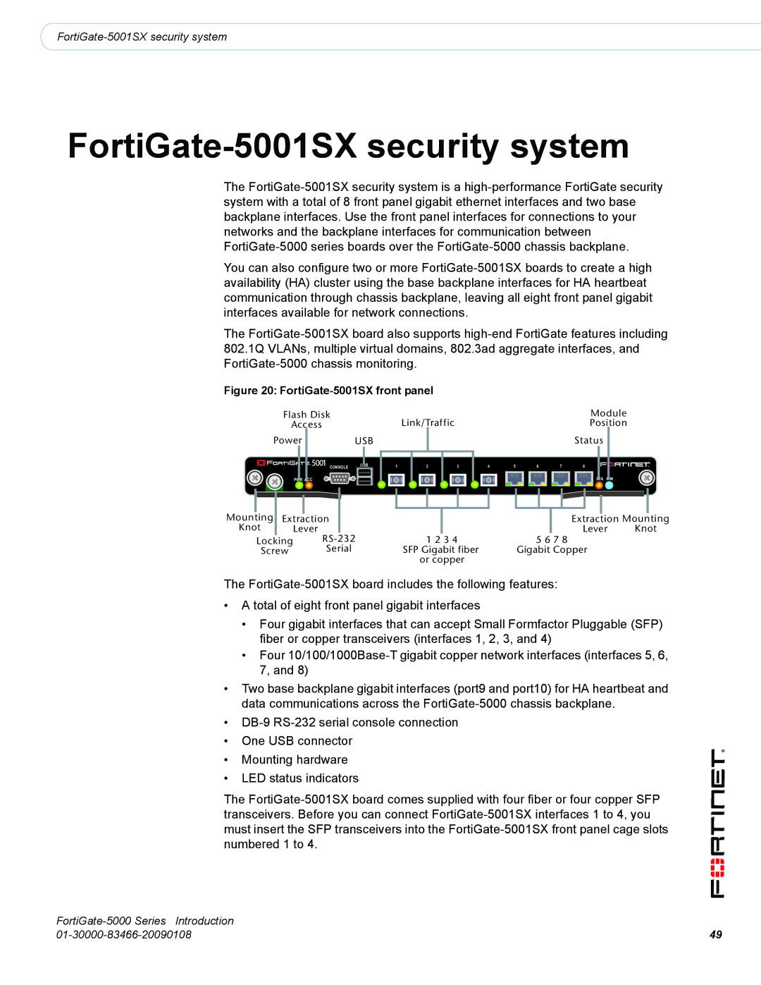 Fortinet FortiGate-5000 manual FortiGate-5001SX security system, FortiGate-5001SX front panel 