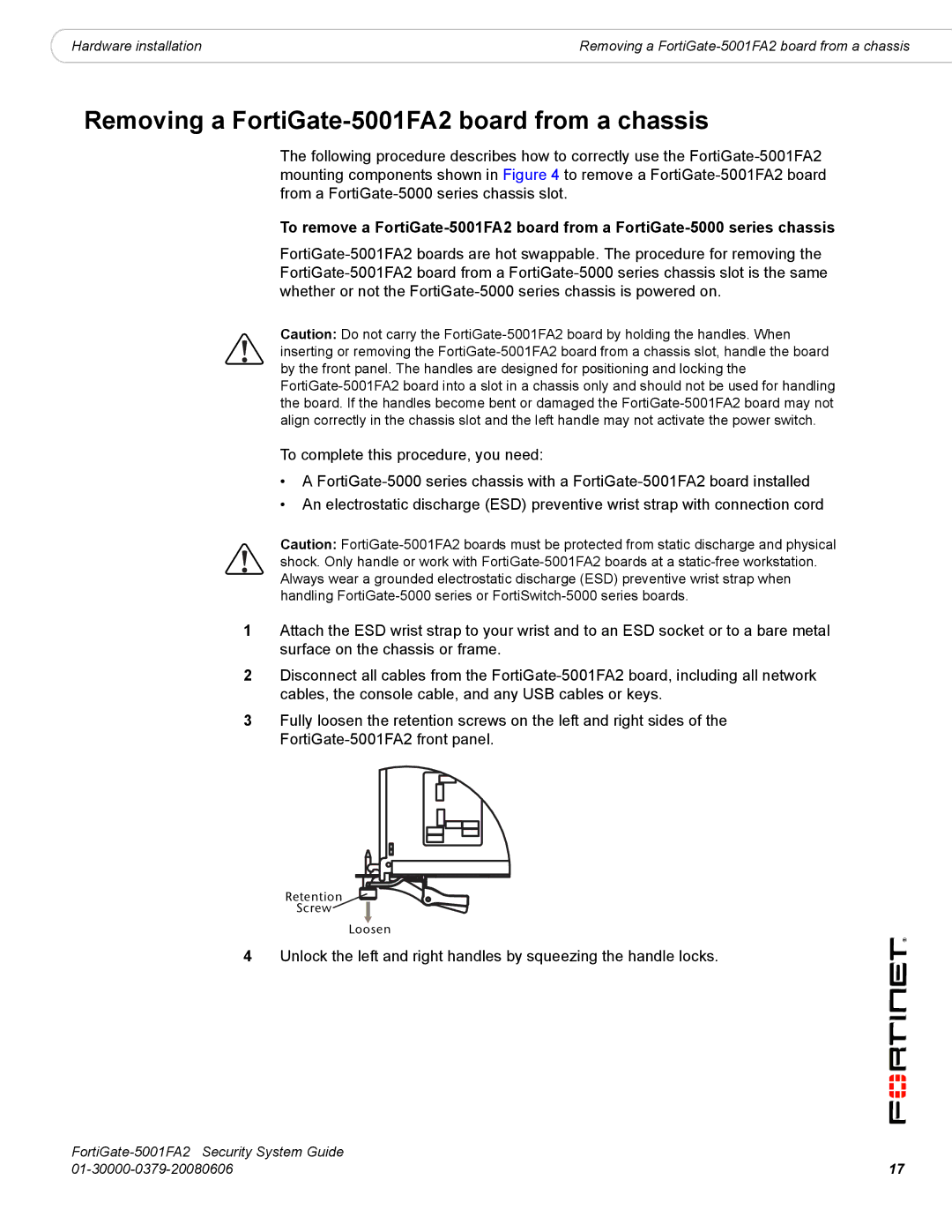 Fortinet manual Removing a FortiGate-5001FA2 board from a chassis 