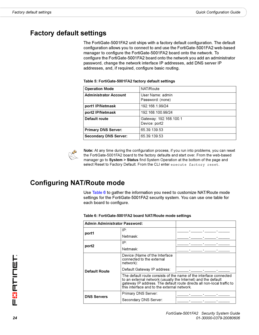 Fortinet FortiGate-5001FA2 manual Factory default settings, Configuring NAT/Route mode 