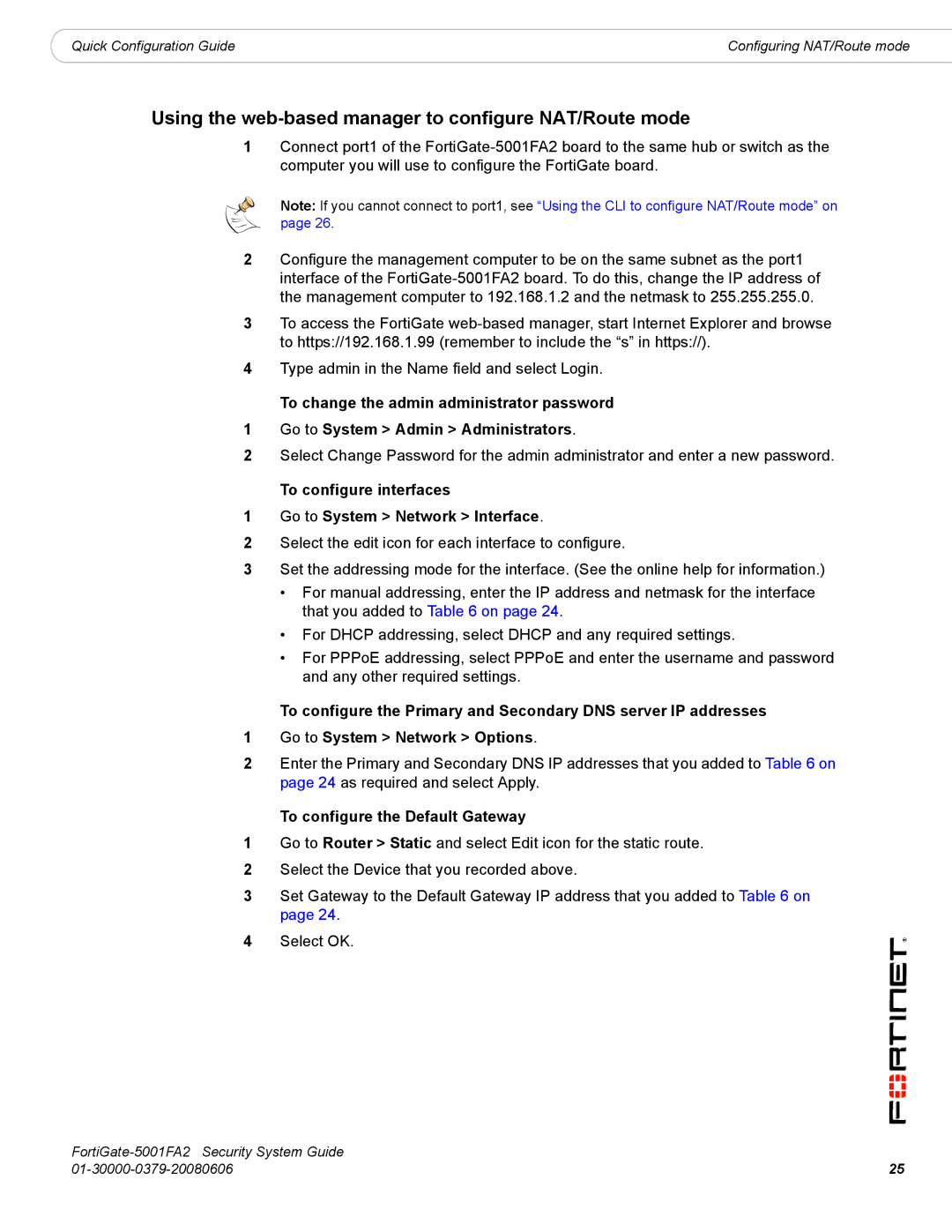 Fortinet FortiGate-5001FA2 manual Using the web-based manager to configure NAT/Route mode, To configure the Default Gateway 