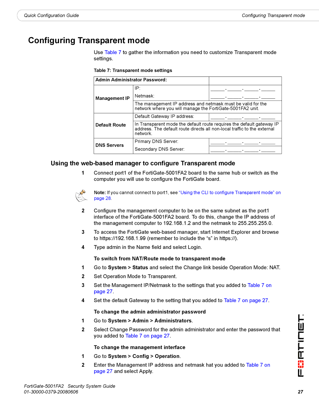 Fortinet FortiGate-5001FA2 manual Configuring Transparent mode, Using the web-based manager to configure Transparent mode 