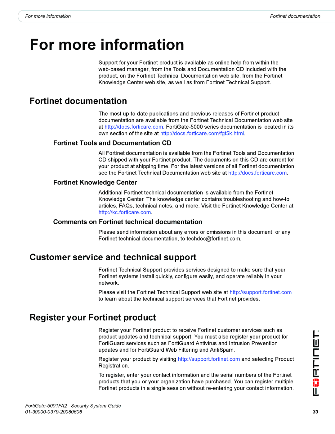 Fortinet FortiGate-5001FA2 Fortinet documentation, Customer service and technical support, Register your Fortinet product 