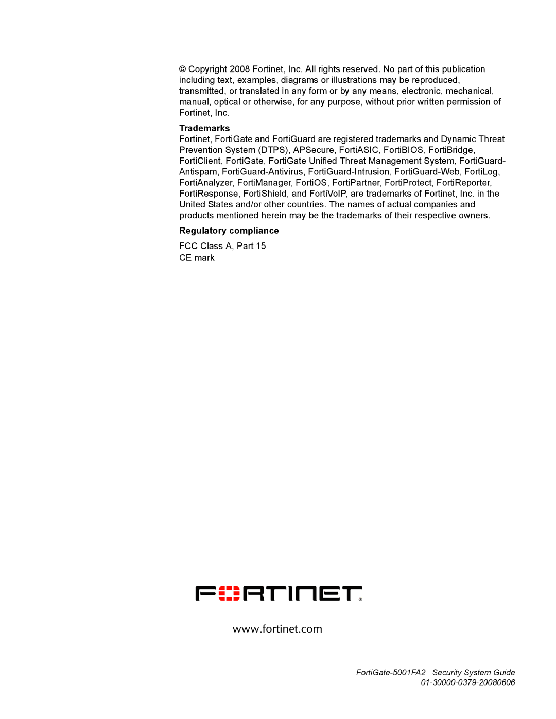 Fortinet FortiGate-5001FA2 manual Trademarks, Regulatory compliance 