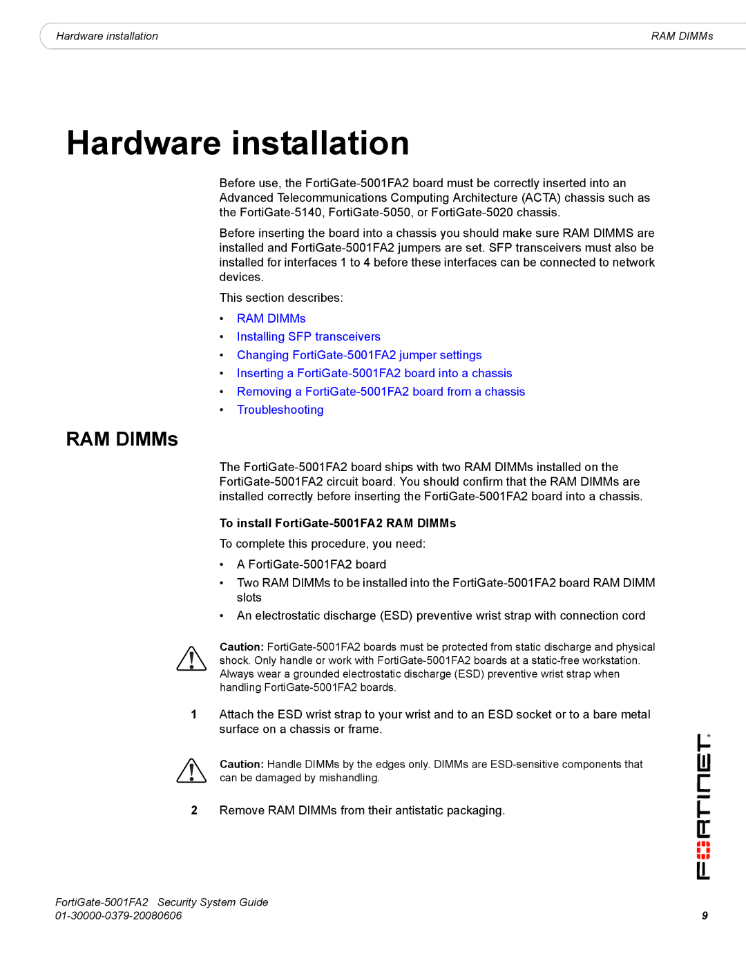 Fortinet manual To install FortiGate-5001FA2 RAM DIMMs 