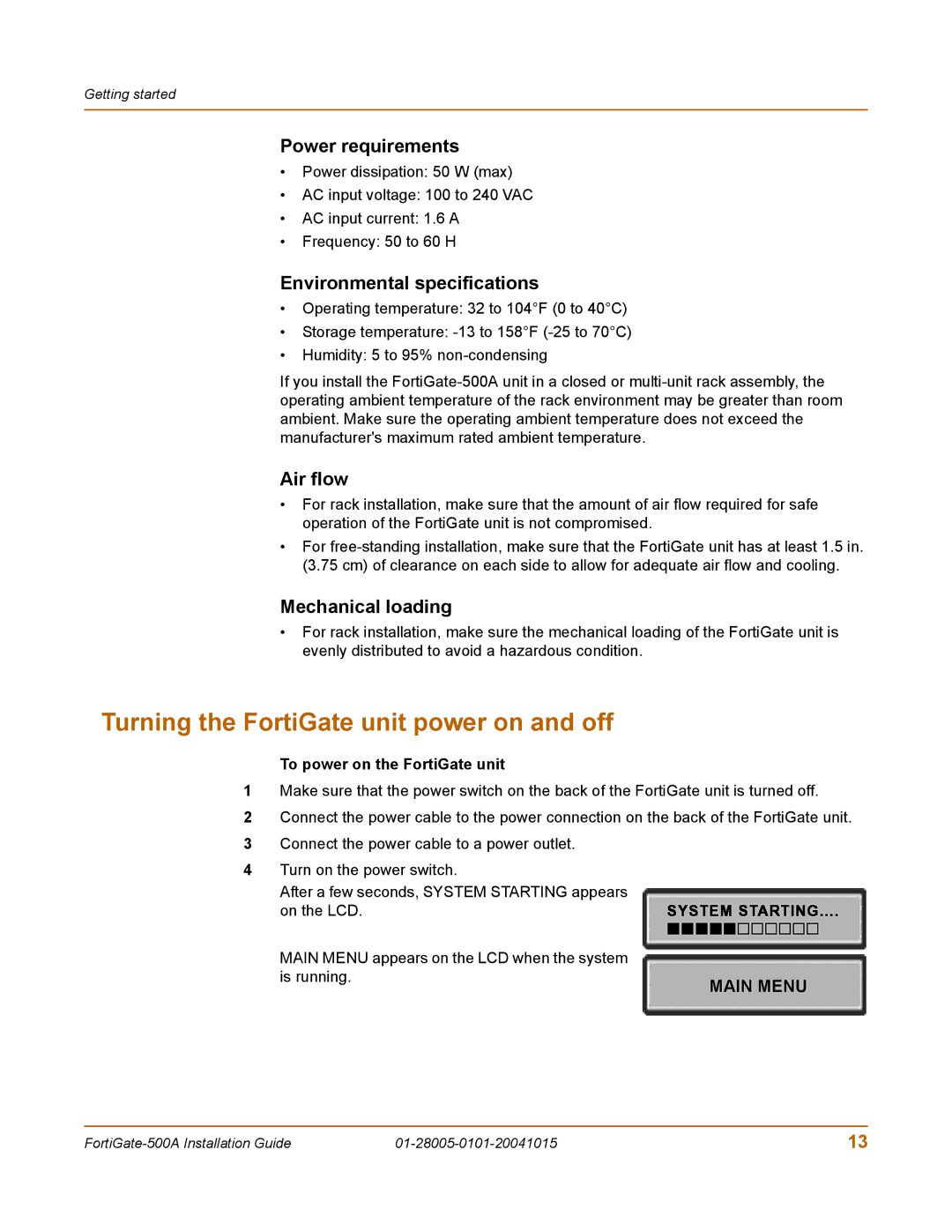 Fortinet 500A, 127 Turning the FortiGate unit power on and off, Power requirements, Environmental specifications, Air flow 