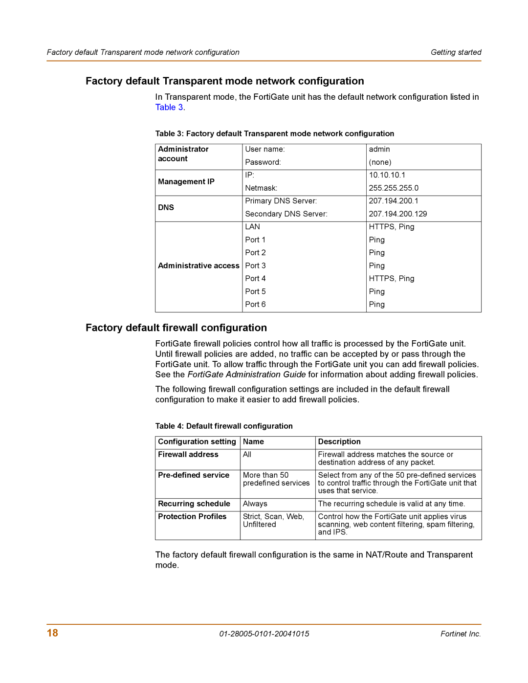 Fortinet 127, FORTIGATE Factory default Transparent mode network configuration, Factory default firewall configuration 