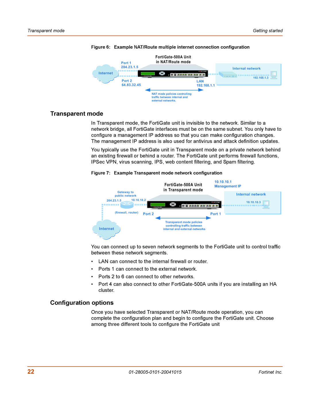 Fortinet 127, FORTIGATE, Network Router Configuration options, FortiGate-500A Unit Management IP in Transparent mode 