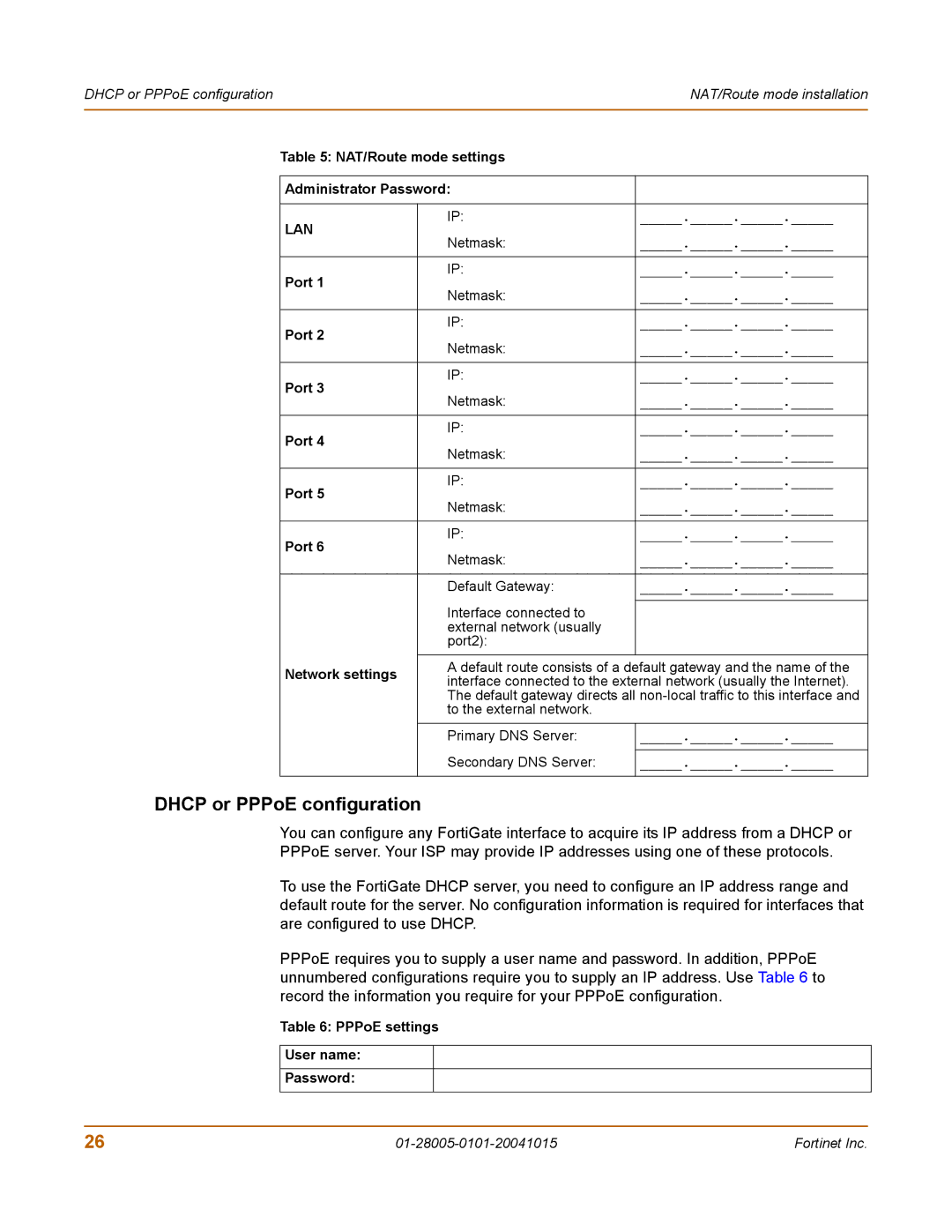 Fortinet 127, FORTIGATE, 500A, Network Router manual Dhcp or PPPoE configuration, PPPoE settings User name Password 