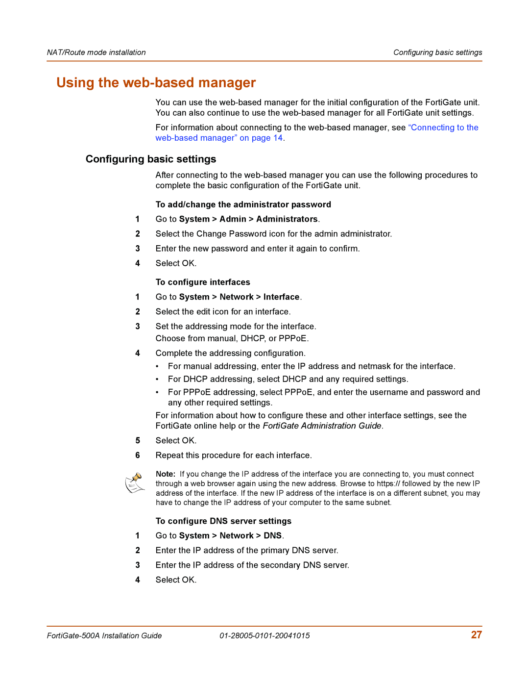 Fortinet Network Router, FORTIGATE, 500A, 127 manual Using the web-based manager, Configuring basic settings 