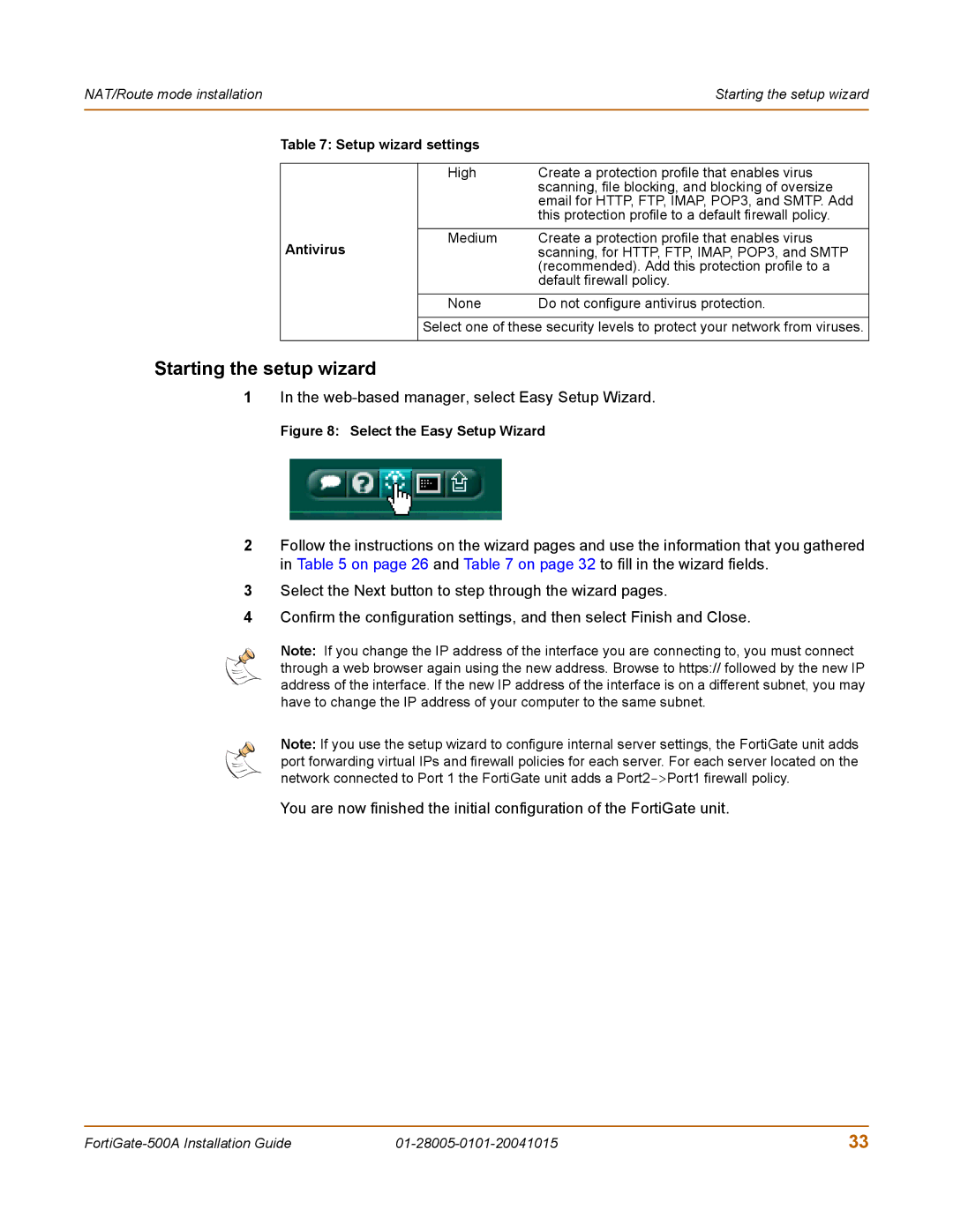 Fortinet 500A, FORTIGATE, 127, Network Router manual Starting the setup wizard, Setup wizard settings Antivirus 