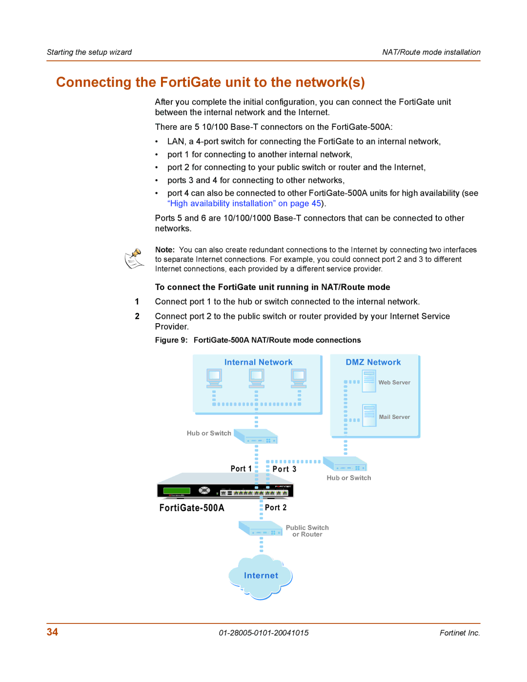 Fortinet 127, 500A Connecting the FortiGate unit to the networks, To connect the FortiGate unit running in NAT/Route mode 