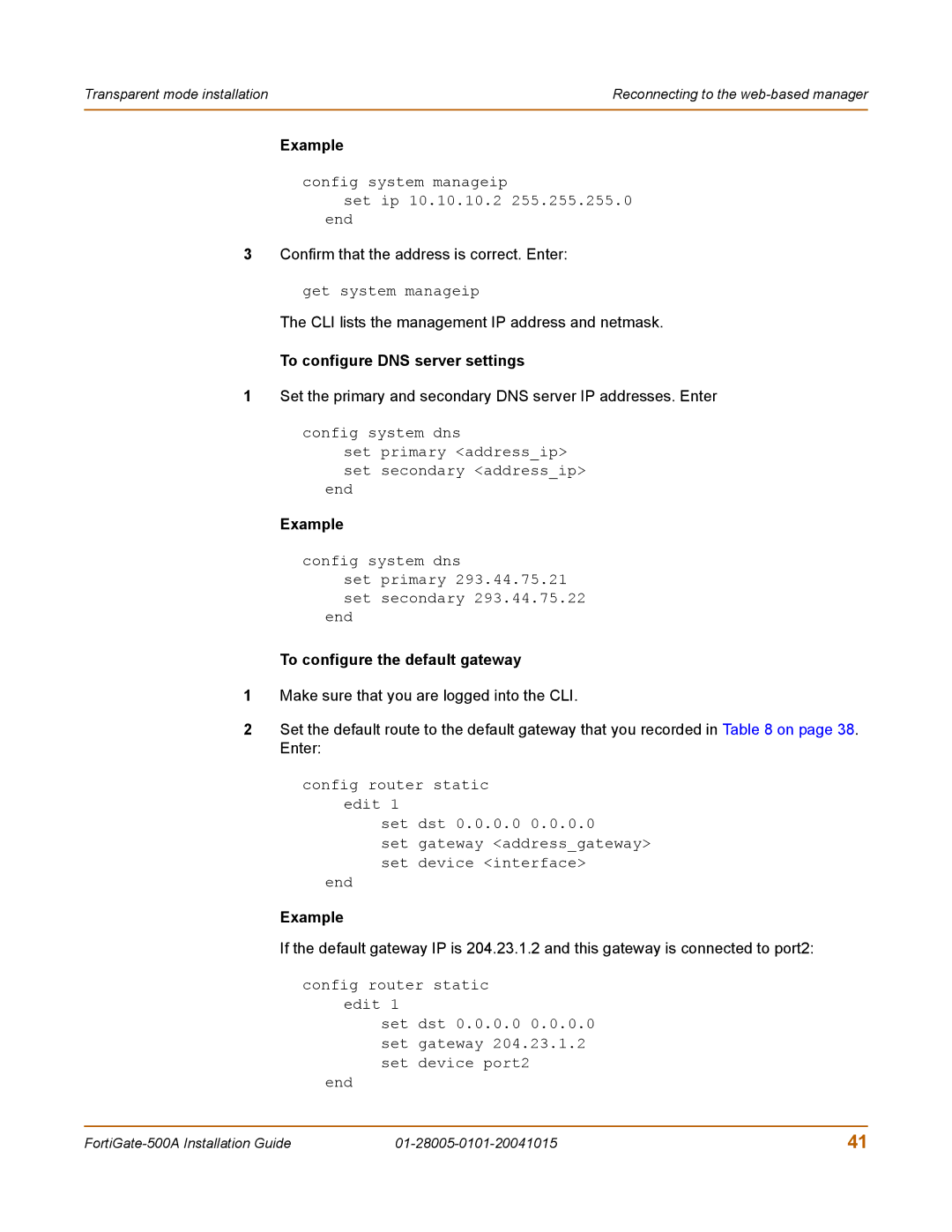 Fortinet 500A, FORTIGATE, 127, Network Router manual Example, To configure the default gateway 