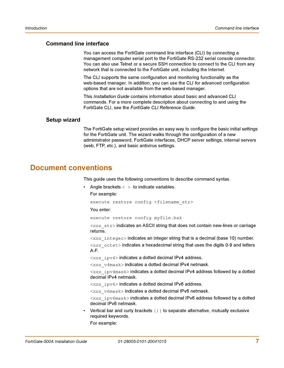 Fortinet Network Router, FORTIGATE, 500A, 127 manual Document conventions, Command line interface, Setup wizard 