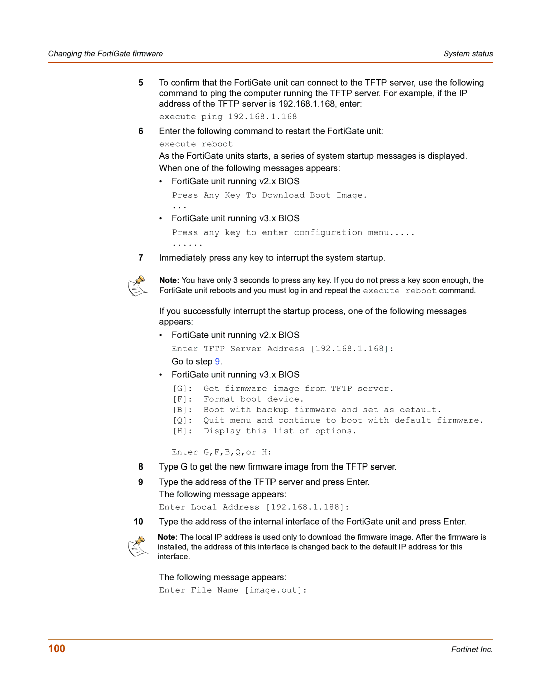 Fortinet FortiGate-800 manual 100, Press any key to enter configuration menu 