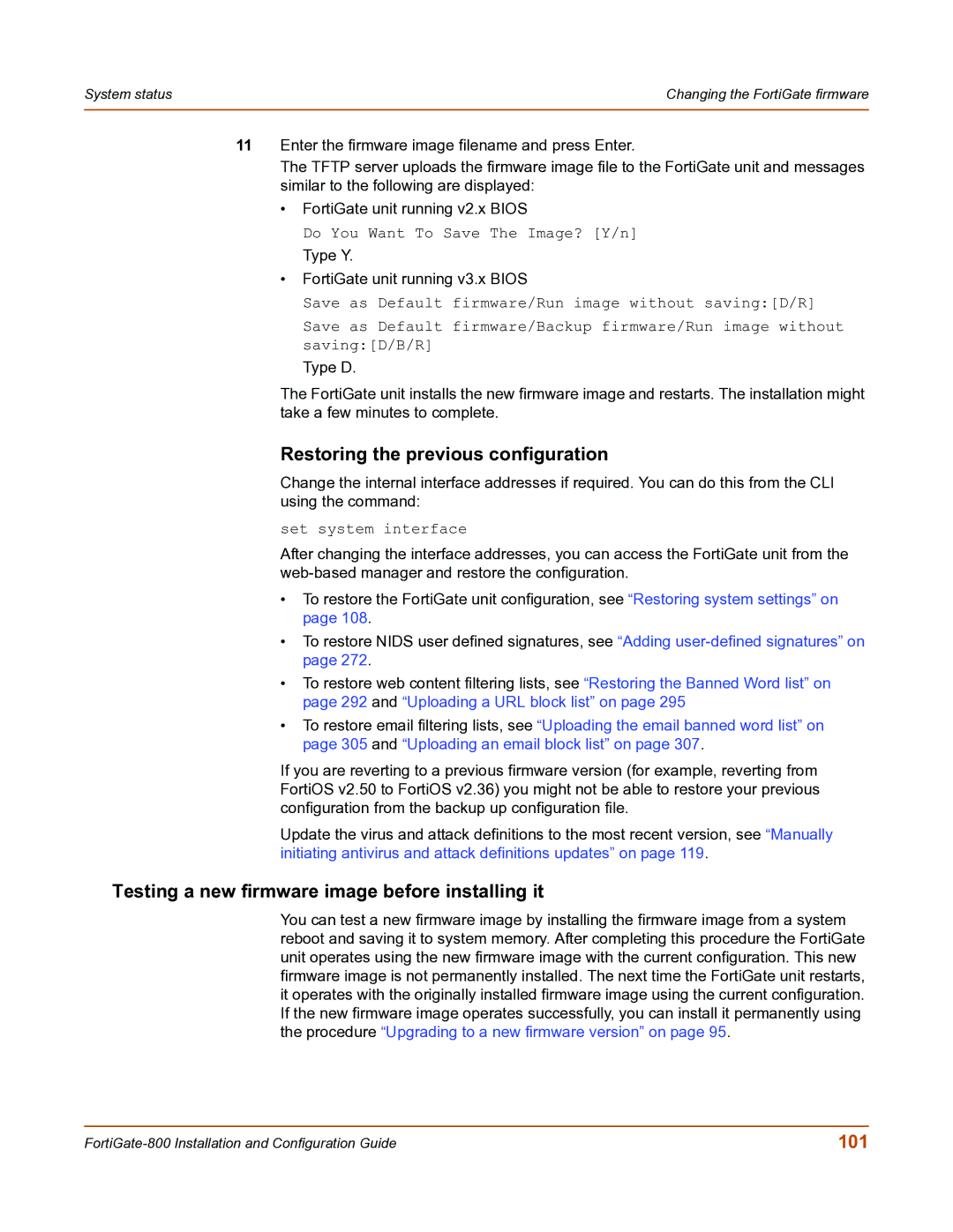 Fortinet FortiGate-800 manual Restoring the previous configuration, Testing a new firmware image before installing it, 101 